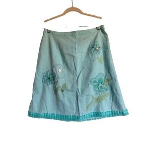 Requirements Petite Sz 12 Aqua Linen Blend Skirt Floral‎ Applique Ruffle Hem